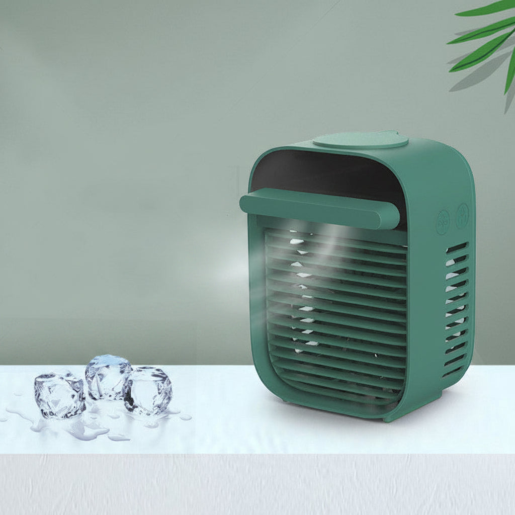 ChillGlow fan showing fine mist spray — evaporative personal air cooler in action