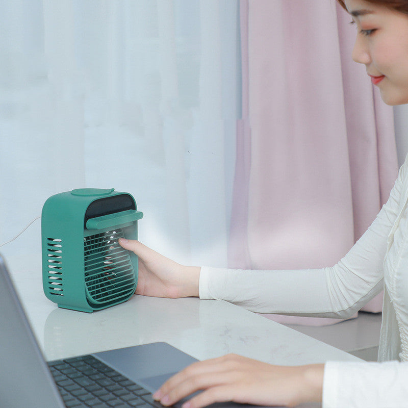 ChillGlow compact cooling fan on home office desk — quiet USB humidifier cooler