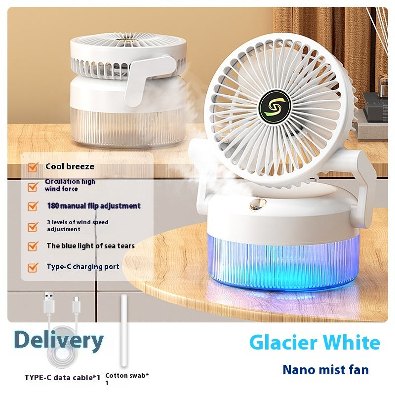 ChillGlow fan with mist detail — 3-in-1 cooling, humidifying, and fan functions