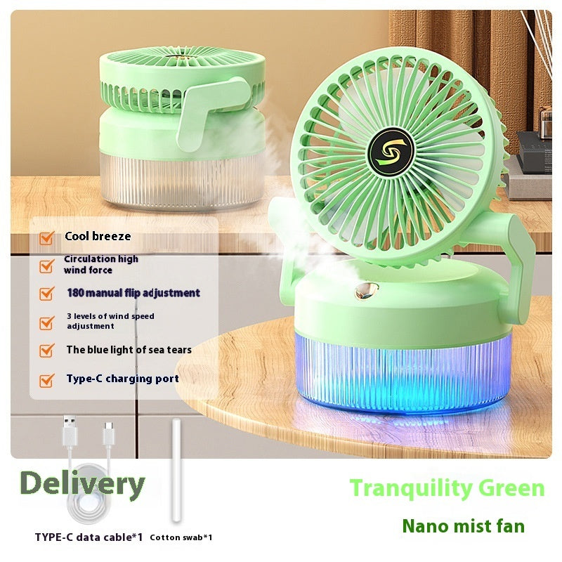 ChillGlow mist fan on a bedside table — quiet rechargeable cooling fan for bedroom