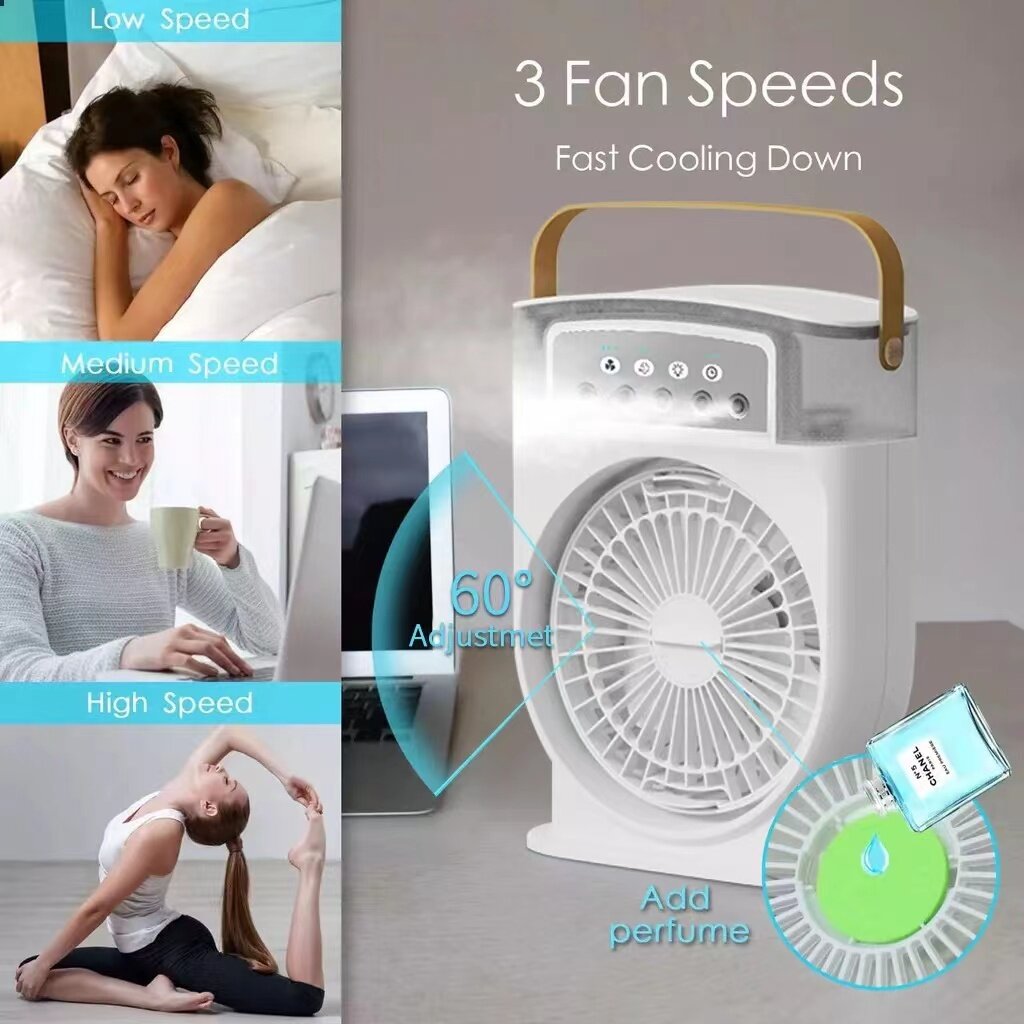 ChillGlow 600 on bedroom desk — LED ambient mist fan for relaxation and cooling